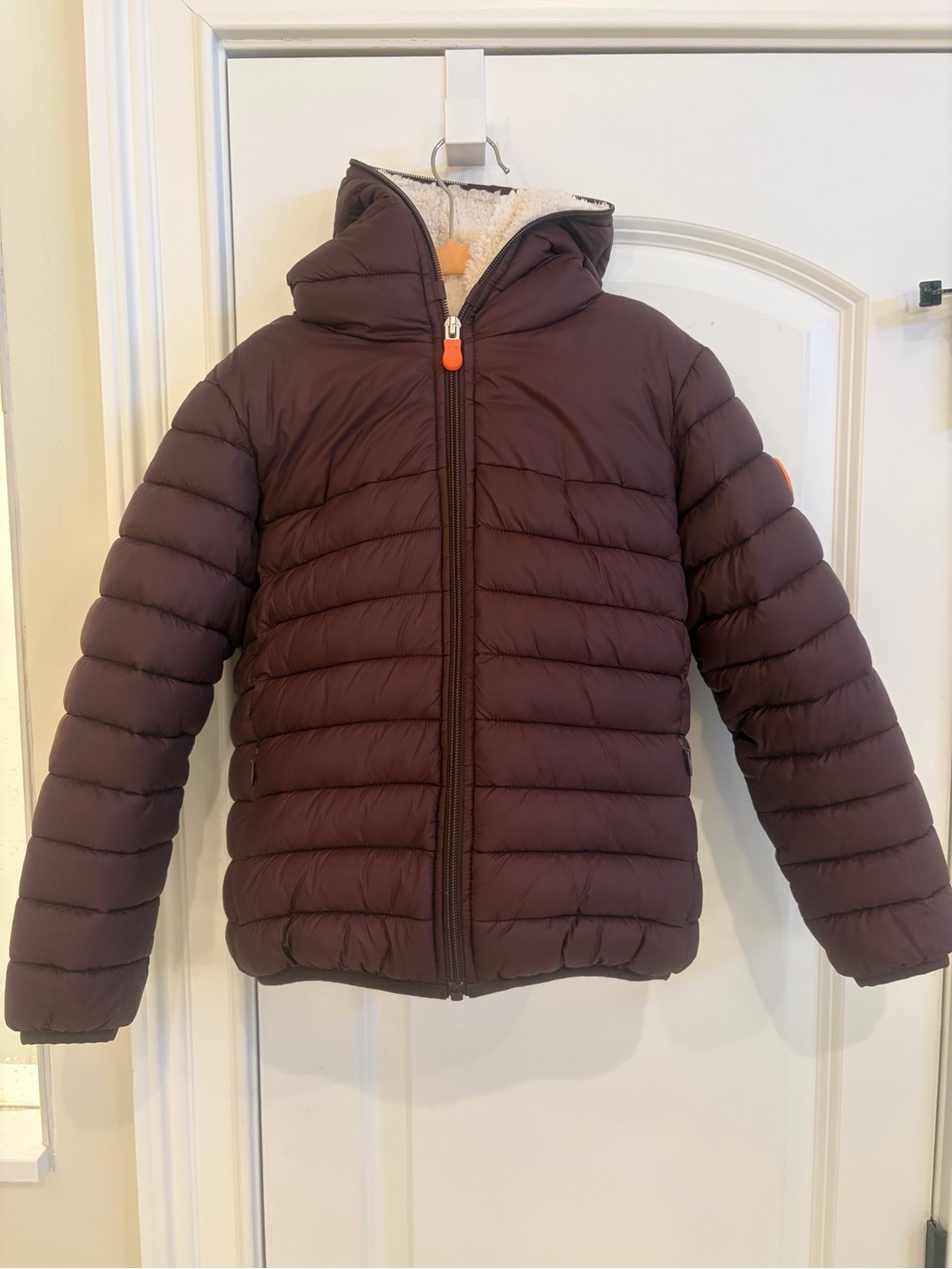 SAVE THE DUCK Kids Quilted Puffer Jacket in Plum with Orange Accents